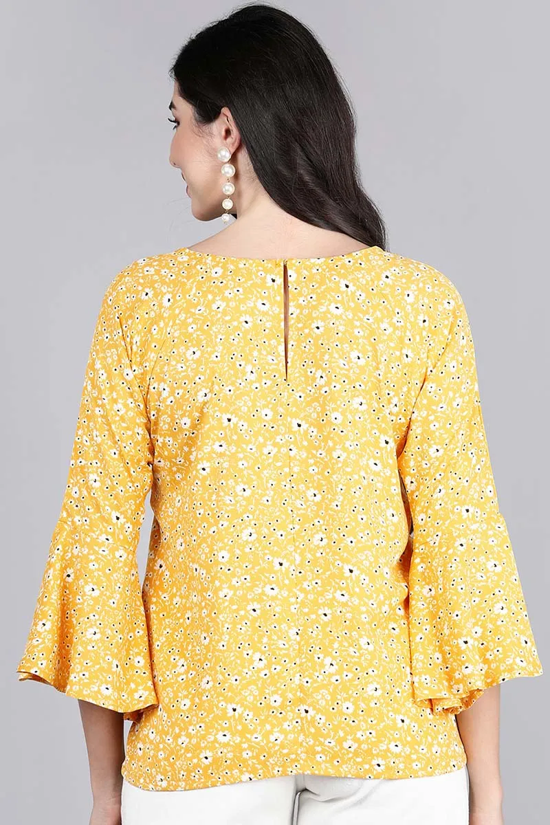 Yellow Poly Crepe Floral Print Top