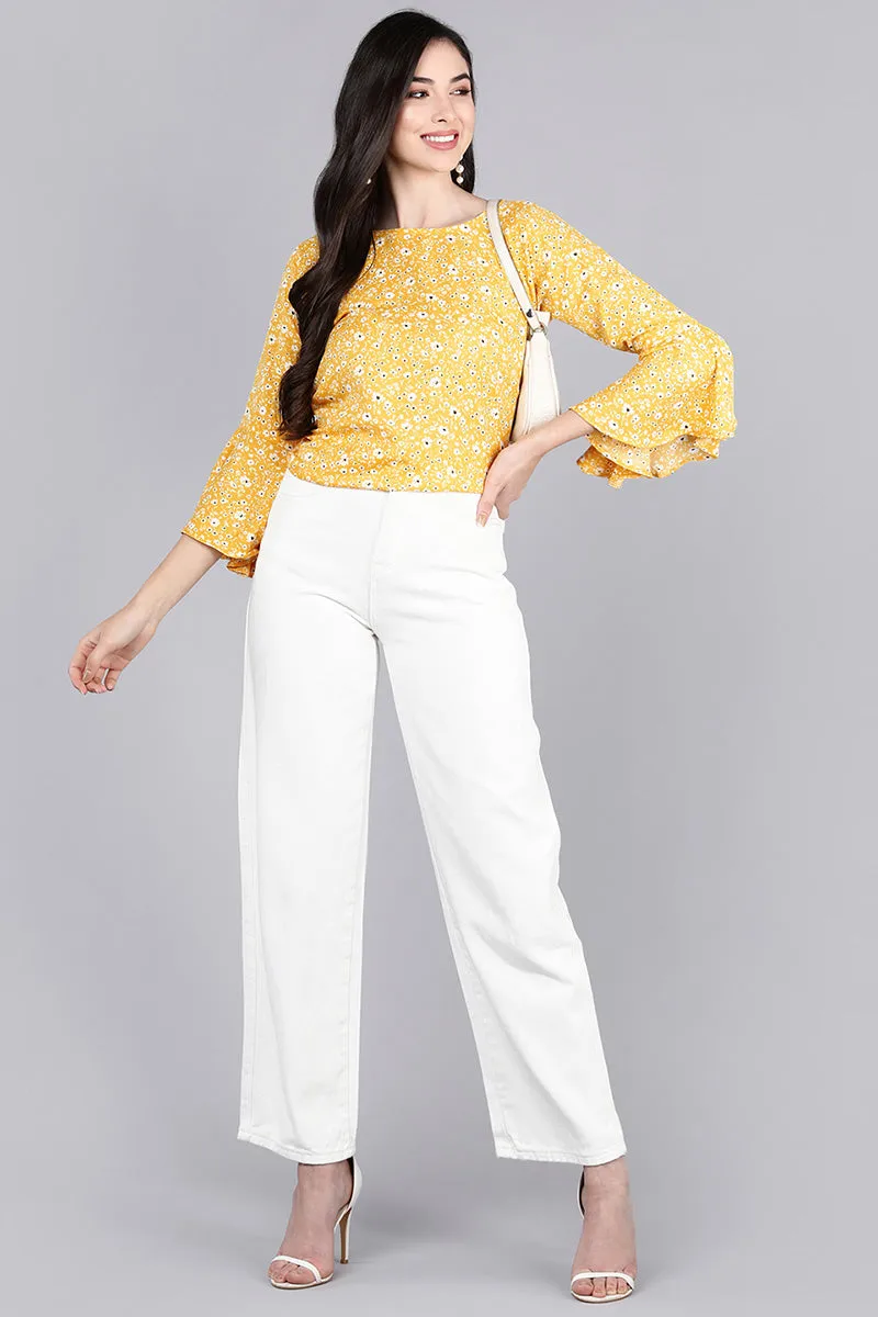Yellow Poly Crepe Floral Print Top