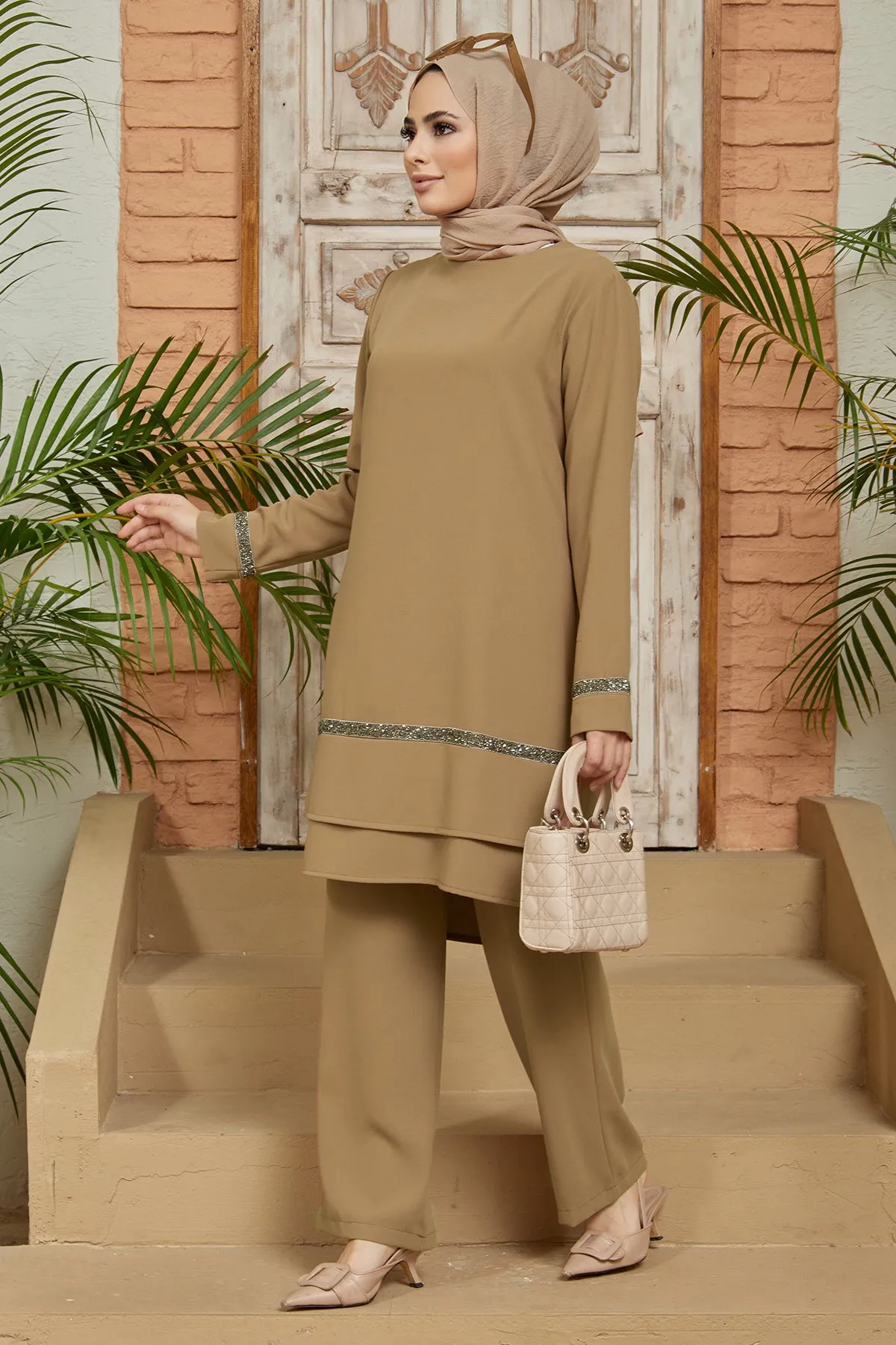 ZRF Women Stone Detailed Tunic Pants Set - Mink - Königswinter